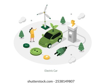 Conceito de carro elétrico. Bateria do veículo de recarga de caracteres na estação de carregamento. Energia verde, sustentabilidade ambiental, modelo infográfico de responsabilidade. Ilustração vetorial isométrica plana.