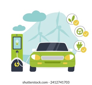 Electric car concept. Green automobile near fuel station. Care about nature and ecology, reduction of CO2 emissions into atmosphere. Charging of transport. Cartoon flat vector illustration