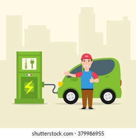 electric car concept illustration, young man charging his electric car at charging station 