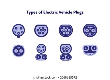 Electric car concept. Vector flat icon illustration. Set of blue color icons isolated on white background. Plug connector types to charge station. Front view. Design for ecology and transportation