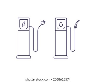Electric car concept. Vector linear flat icon illustration. Set of electro charge and gasoline refuel station icons isolated on white background. Side view. Electricity and fuel comparison.