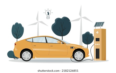 Electric Car Concept. Vehicle On Charge, Environmentally Friendly Transport. Caring For Nature And Reducing Release Of Hazardous Waste. Ecology And Responsibility. Cartoon Flat Vector Illustration