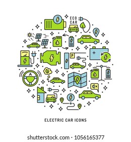 Electric car conceptual background, which include linear, outline editable stroke vector icons as of electrical vehicle, ecologic transport, green technology, autopilot, charging station