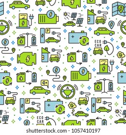 Konzeptuelles, nahtloses Muster von Elektrofahrzeugen, einschließlich Linear-, Umriss-, Bearbeitbar-Hub-Vektorsymbole wie Elektrofahrzeug, Ökologischer Verkehr, grüne Technologie, Autopilot, Ladestation