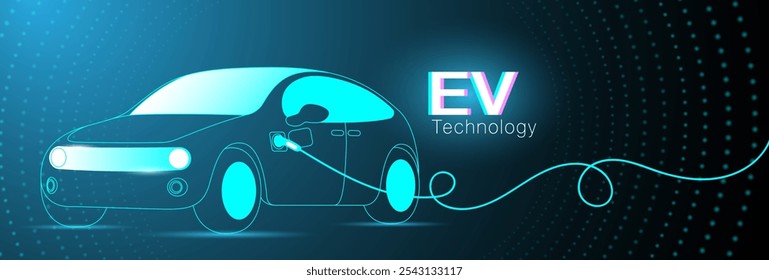 O carro elétrico conecta-se à estação de carregamento no fundo azul. Carregador EV, energia alternativa, bateria recarregável, tecnologia futura. Resumo com linhas de néon. Modelo moderno para web e impressão.