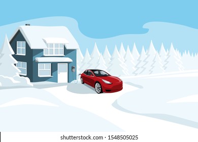 Electric Car With A Connected Charging Cable Near A Winter House. Vector Illustration