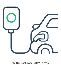 Electric car connected to charging point line art illustration with electric charging transportati