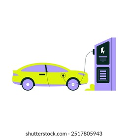 Electric car connected to a charging station, about renewable energy, electric vehicle technology, and eco-friendly transportation, flat vector illustration isolated on white background