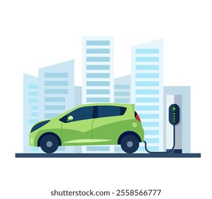 Electric Car connected to a charging station. Electric vehicle vector illustration.