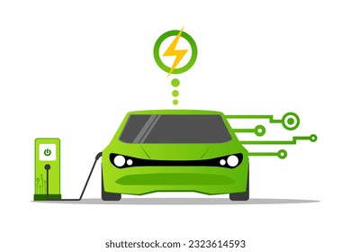 Electric car connected plug in charging station, Innovative smart vehicles energy saving and environmental protection, Renewable energy, Sustainable ecology and Technology for Green city low carbon.