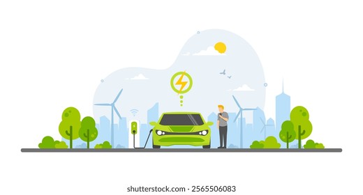 Electric car connected plug in charging station, Innovative smart vehicles energy saving and environmental protection, Renewable energy, Sustainable ecology and Technology for Green city low carbon.