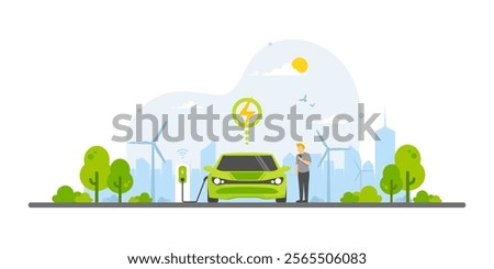 Electric car connected plug in charging station, Innovative smart vehicles energy saving and environmental protection, Renewable energy, Sustainable ecology and Technology for Green city low carbon.