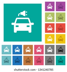 Electric car with connector multi colored flat icons on plain square backgrounds. Included white and darker icon variations for hover or active effects.