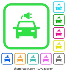 Electric car with connector vivid colored flat icons in curved borders on white background