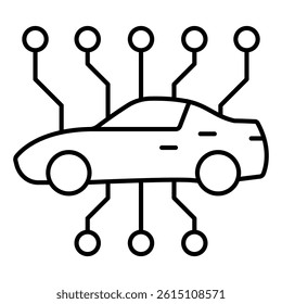 Electric car with contacts thin line icon, wired connection concept. Vector graphics. Automobile electronics plug sign on white background, linear style mobile or design