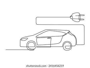 Electric car in continuous one line art drawing. Vehicle green energy concept with electrical power and battery. Plug symbol with transportation vector illustration.
