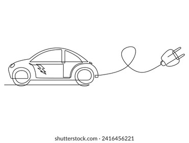 Coche eléctrico en dibujo continuo de una línea. Concepto de energía verde del vehículo con energía eléctrica y batería. Símbolo de enchufe con ilustración del vector de transporte.