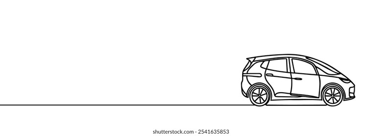 Electric car in continuous one line art drawing. Vehicle green energy concept with electrical power and battery