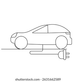 Icono de Vector de esquema de dibujo de una línea continua de coche eléctrico