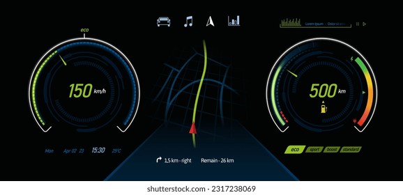 Electric car dashboard. EV auto ui with various indicators, pictogram icons and gauges for cars running on electric power vector illustration template. Vehicle monitor with speedometer