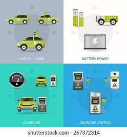 Electric Car Design Concept Set With Battery Power Charging Station Flat Icons Isolated Vector Illustration