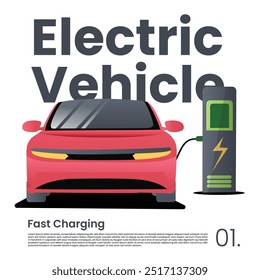 electric car design poster front view charging. flat design illustration.