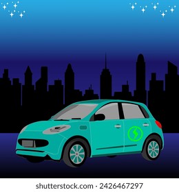 The electric car design work, which has a city background with a night atmosphere, can be used for digital and print media