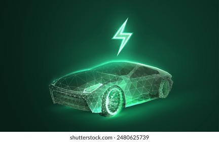 Electric car in digital futuristic style. Eco green energy for vehicles with light effect. Vector illustration of ev in neon style on a green background.