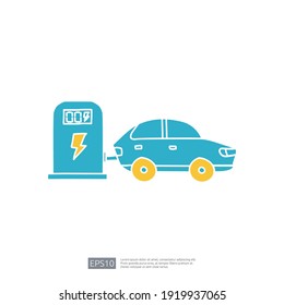 electric car doodle icon at charging station. sign symbol vehicle concept. eco green friendly transportation on white background vector illustration