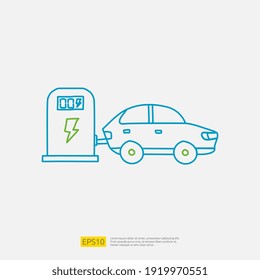 electric car doodle icon at charging station. sign symbol vehicle concept. eco green friendly transportation on white background vector illustration