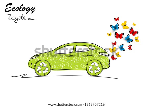 Electric car.\
Drawn black and white logo in the style of the doodle electric car.\
Recycling symbol. Environmentally friendly world. Vector\
illustration of ecology. Hand.\
Handmade