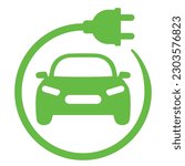Electric car with E plug green icon symbol, Hybrid vehicles charging point logotype, Eco friendly vehicle concept.