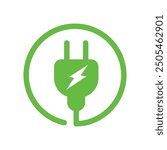 Electric car with E plug green icon. Eco friendly vehicle concept  symbol. Hybrid vehicles charging point logotype. Vector illustration.