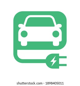 Electric Car With E Plug Green Icon Symbol, Hybrid Vehicles Charging Point Logotype, Eco Friendly Vehicle Concept, Vector Illustration