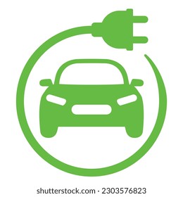 Electric car with E plug green icon symbol, Hybrid vehicles charging point logotype, Eco friendly vehicle concept. svg