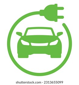 Electric car with E plug green icon symbol, Hybrid vehicles charging point logotype, Eco friendly vehicle concept. svg