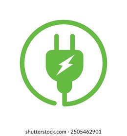 Electric car with E plug green icon. Eco friendly vehicle concept  symbol. Hybrid vehicles charging point logotype. Vector illustration.