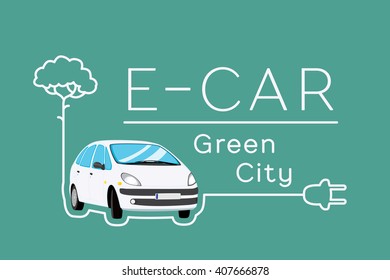 Electric car eco concept. Vector banner with car and tree