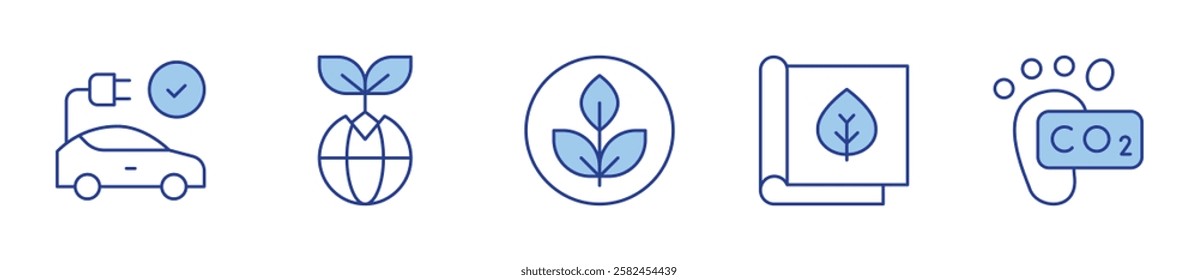 electric car, eco, earth, carbon footprint, non toxic. Ecology Icon vector illustration. Line Duotone style. Editable stroke.