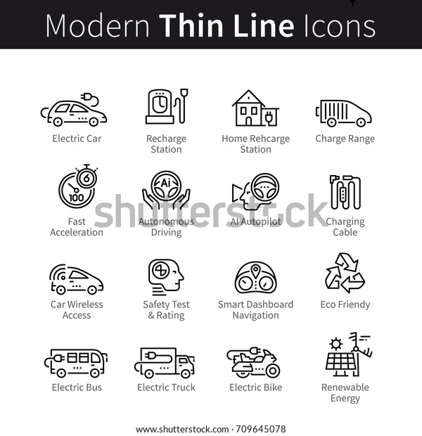 Electric car and eco transport: bike,\
truck, bus. Vehicles, charging stations, autonomous driving,\
navigation, safety test, renewable energy. Modern thin line art\
icons set. Linear style\
illustrations