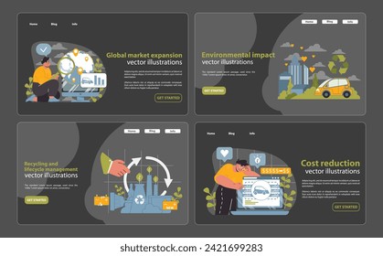 Electric Car Eco-Innovation Web Banners. Detailed vector illustrations highlight global market expansion, environmental impact, recycling, and cost reduction for EVs.