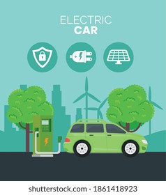 electric car ecology alternative in chargin station and trees vector illustration design