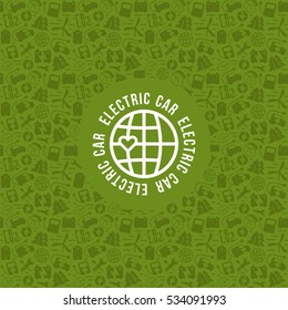 Electric car and ecology label and frame with pattern. Print on green background