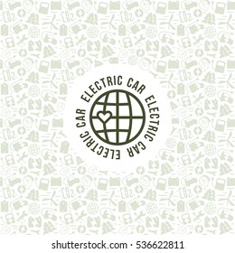 Electric car and ecology label and frame with pattern. Print on light background