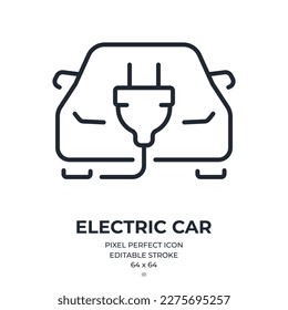 Umriss-Symbol für Elektroautos einzeln auf weißem Hintergrund, flache Vektorgrafik. Pixel perfekt. 64 x 64.