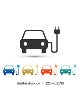 Electric car and electrical cable plug charging icon isolated on white background. Electric car charging sign. Renewable eco technologies. Elements in colored icons. Flat design. Vector Illustration