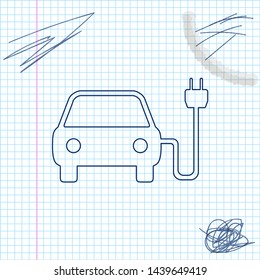 Electric car and electrical cable plug charging line sketch icon isolated on white background. Electric car charging sign. Renewable eco technologies. Vector Illustration