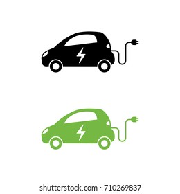 Electric car with electrical charging cable icon. Hybrid Vehicle symbol. Eco friendly auto or electric vehicle concept. Vector illustration.