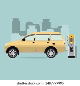 Electric car and Electrical charging station symbol, conceptual ecology environment, sustainability, clean air, Vector illustration.