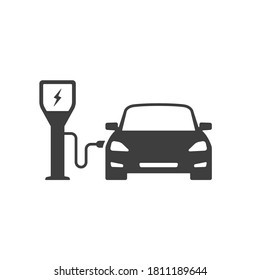 Icono del coche eléctrico y de la estación de carga eléctrica, Ilustración aislada del vector.